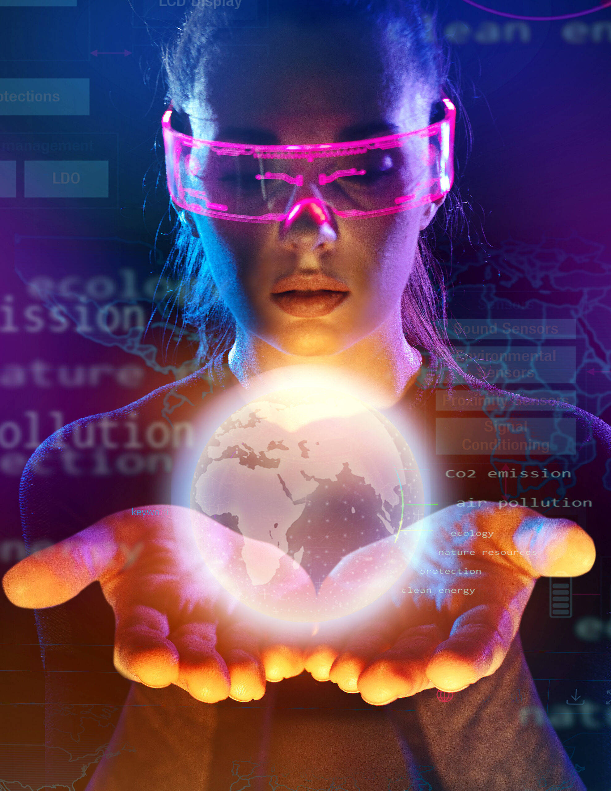 Concept of future technology or entertainment system, virtual reality. Female portrait lit by HUD interface