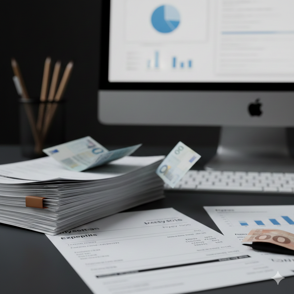 Bureau de dirigeant avec factures et billets d'euros symbolisant le cash recovery pour PME.