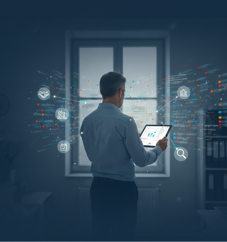 Dirigeant de PME utilisant une tablette pour visualiser l'automatisation de ses signaux d'affaires et opportunités commerciales.