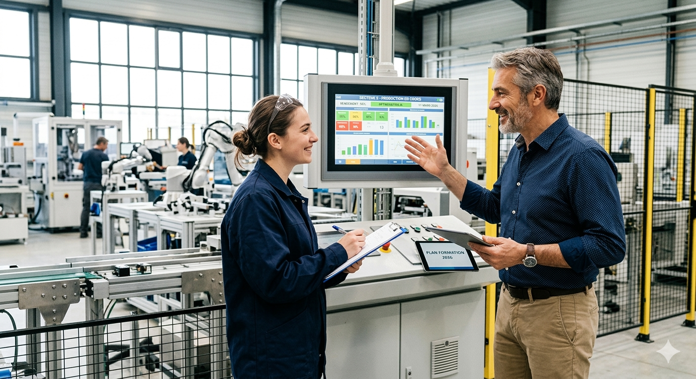 Dirigeant de PME et collaboratrice discutant de formation professionnelle en atelier industriel