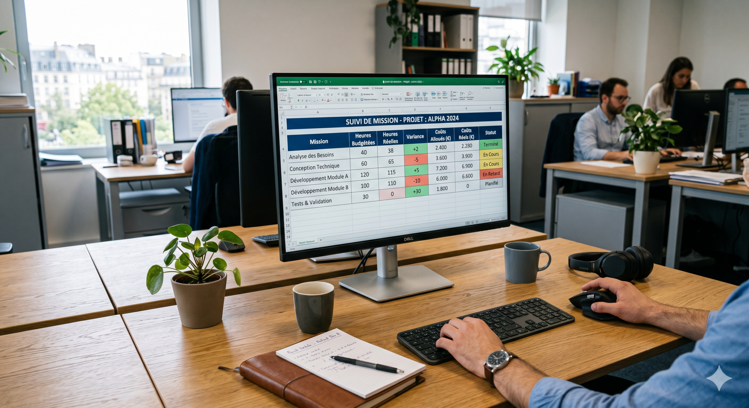 Bureau avec écran affichant un tableau de suivi coûts et temps de mission