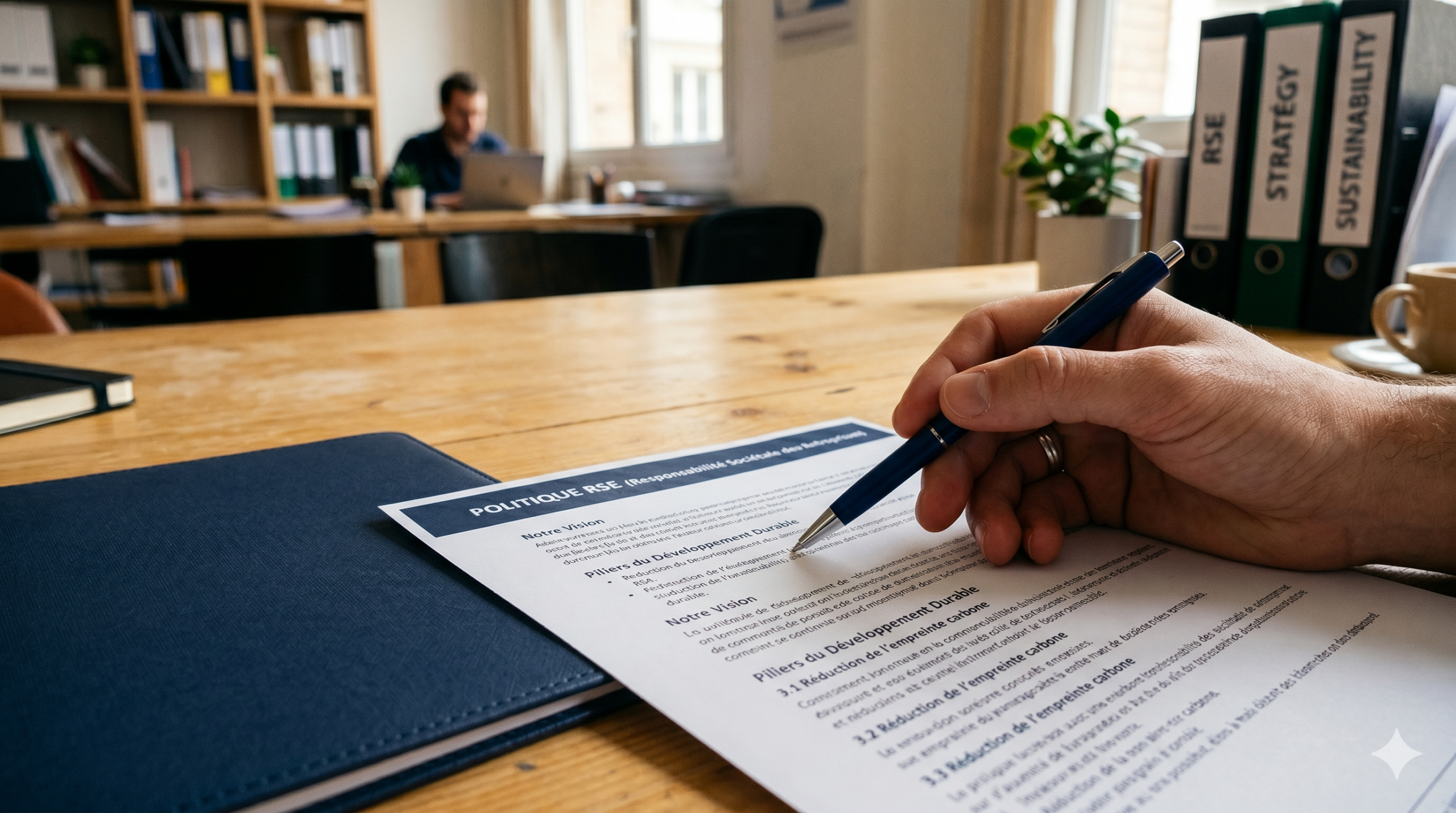 Dirigeant de PME consultant un document RSE dans son bureau Maptic IArchitect