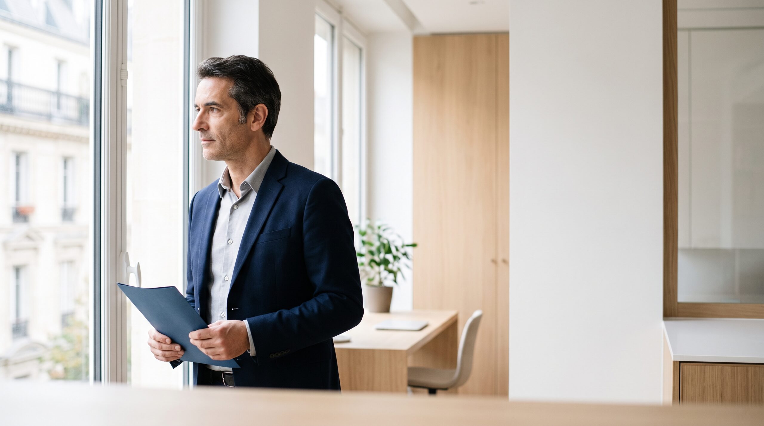 Dirigeant de PME réfléchissant à la transmission de sa holding après un apport-cession